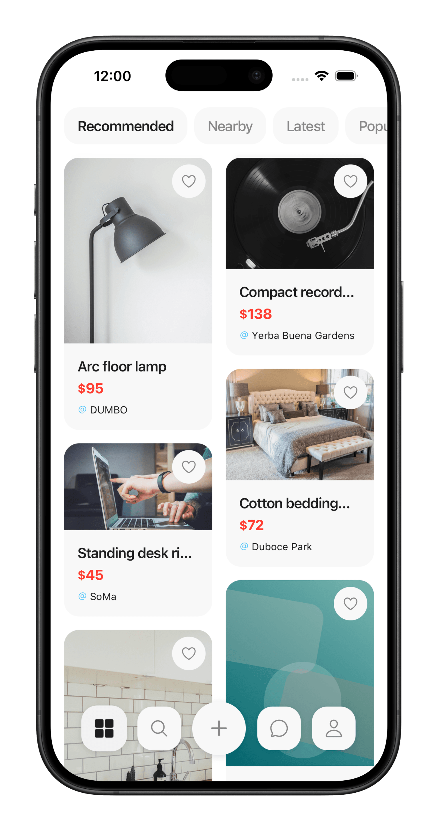 Pebbo marketplace recommendations shown on an iPhone